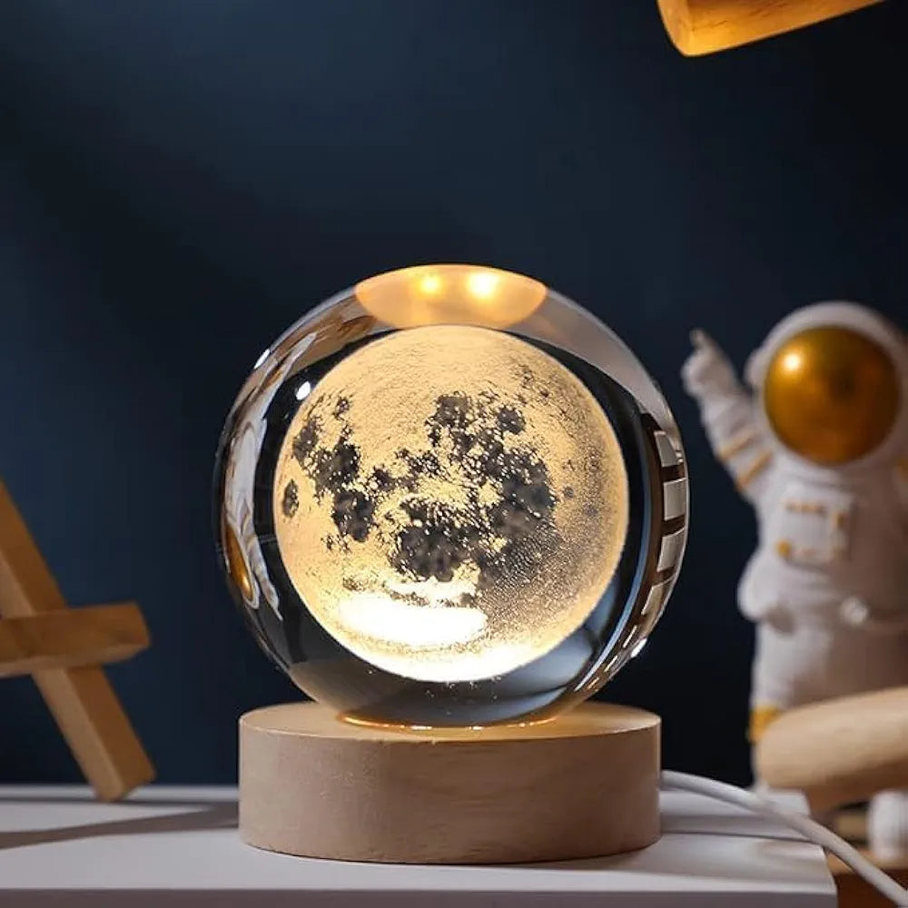3D Crystal Moon Lamp – Engraved Crystal Ball LED Night Light with Wooden Base, USB Powered, Ideal for Home & Office Décor, Birthday Gift for Adults (Warm White)