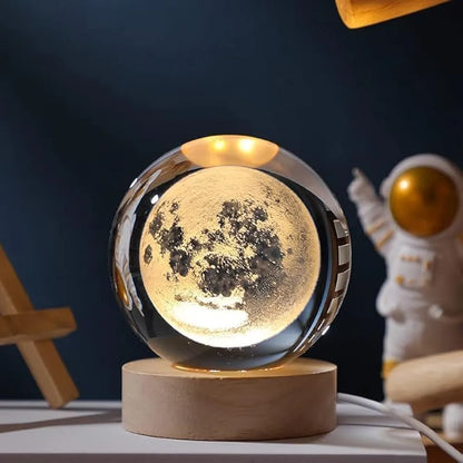 3D Crystal Moon Lamp – Engraved Crystal Ball LED Night Light with Wooden Base, USB Powered, Ideal for Home & Office Décor, Birthday Gift for Adults (Warm White)
