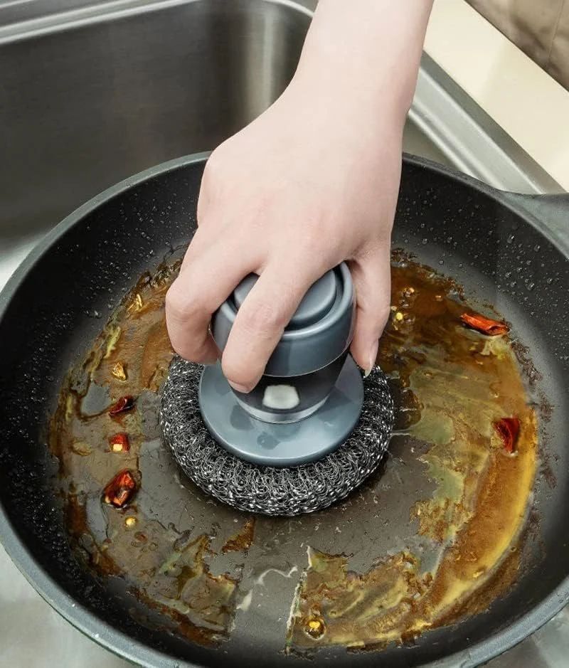 Premium Soap Dispensing Palm Brush for Dishwashing Kitchen Scrubber Pots Pans Utensils (Plastic Bristle)